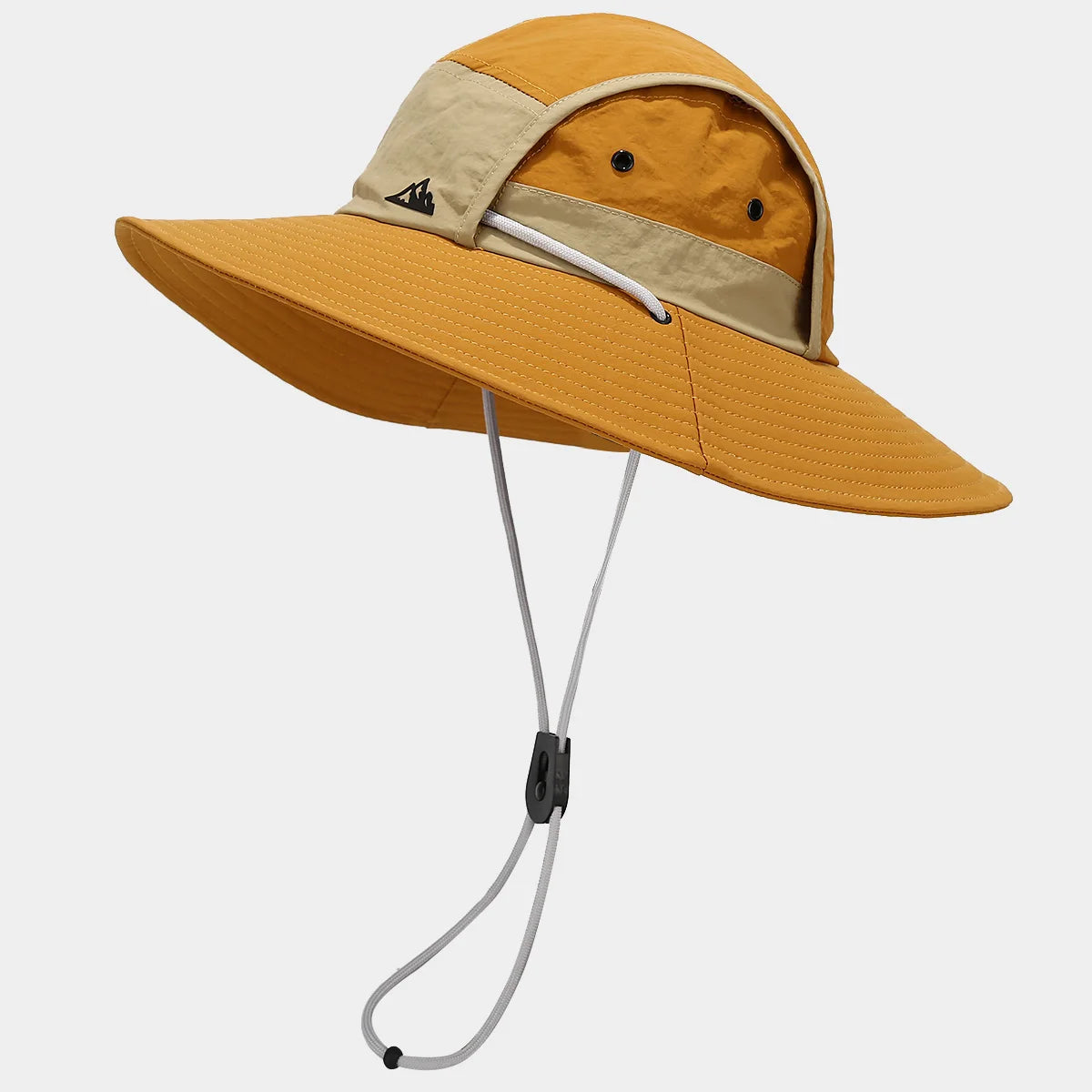 Yellow wide-brimmed hat with a chin strap on a white background