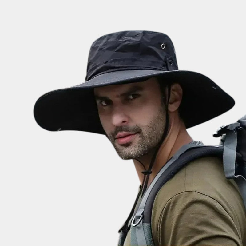 wide-brimmed black hat