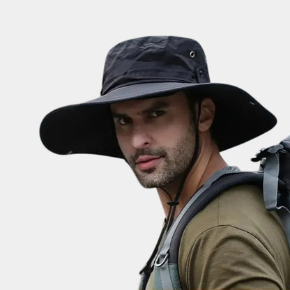 wide-brimmed black hat