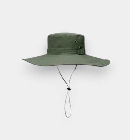 Green wide brimmed hat with a chin strap on a white background