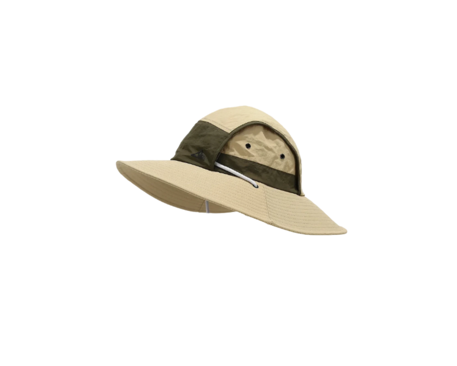 Beige wide-brimmed hat with a dark band on a white background