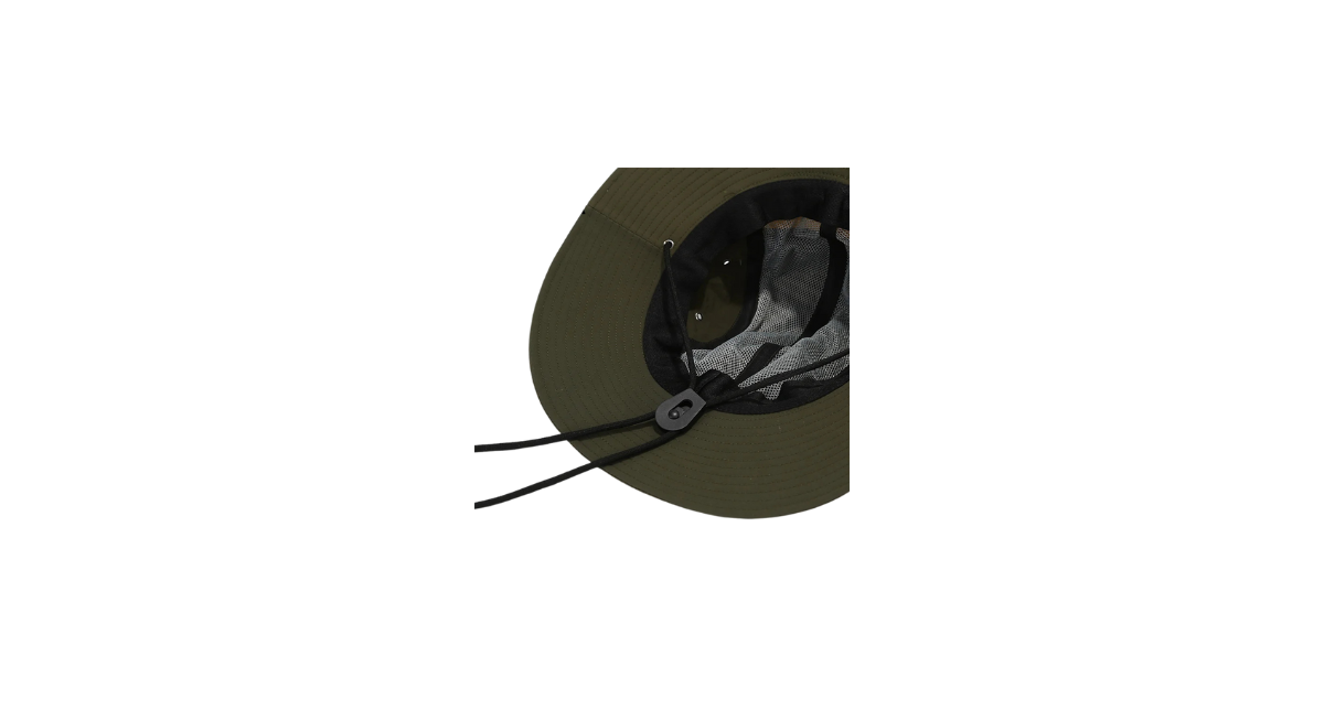 Green bucket hat with a black strap on a white background